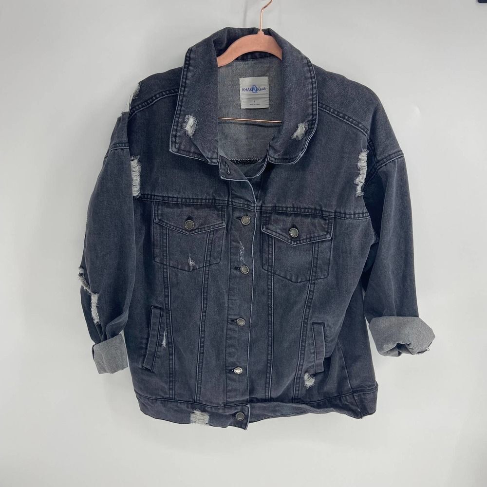 Khaki and Blue black oversize distressed full button denim jacket womens small